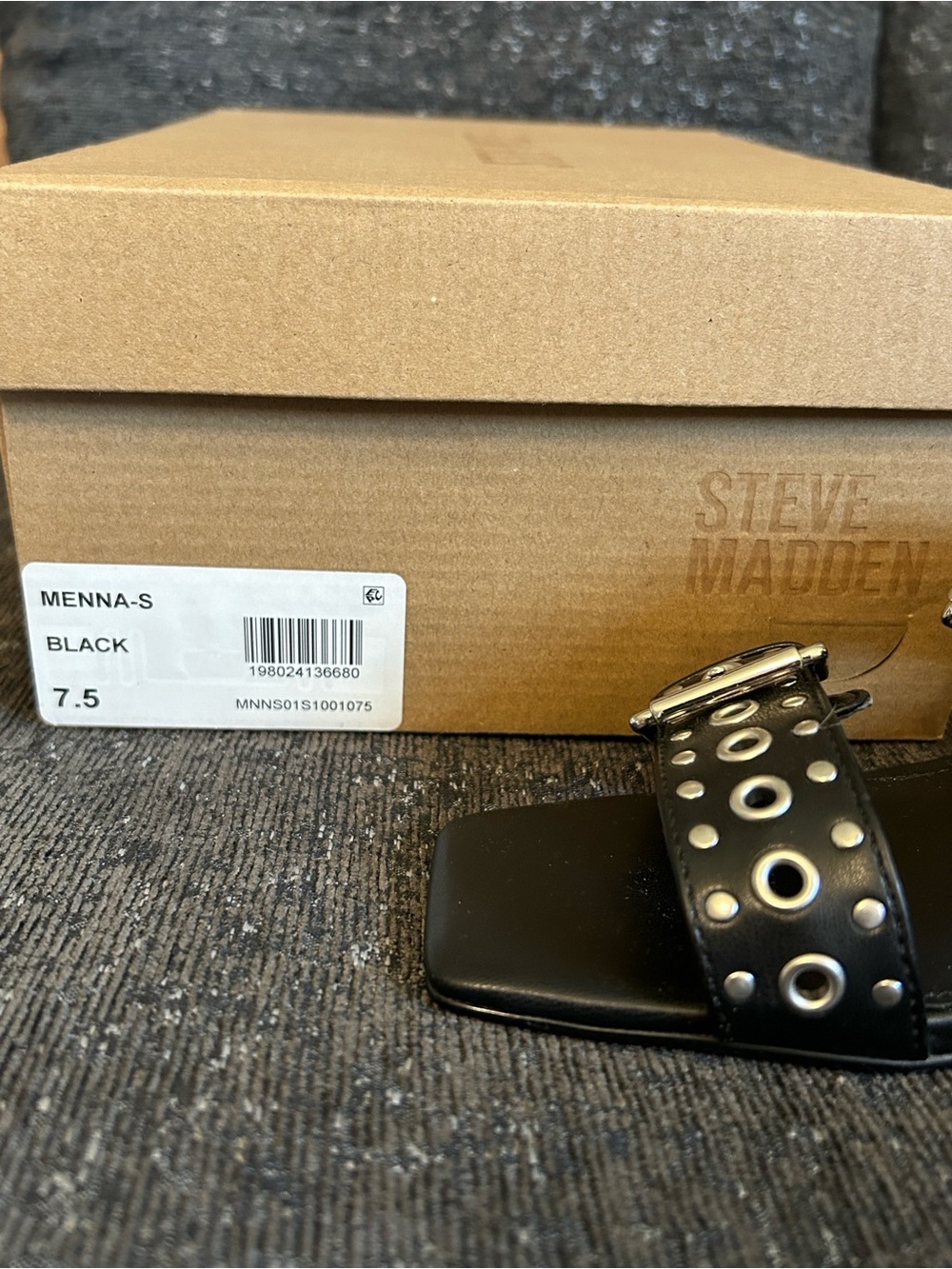 Steve Madden Black Grommet Buckle Block Heel Mules - Picture 5 of 8